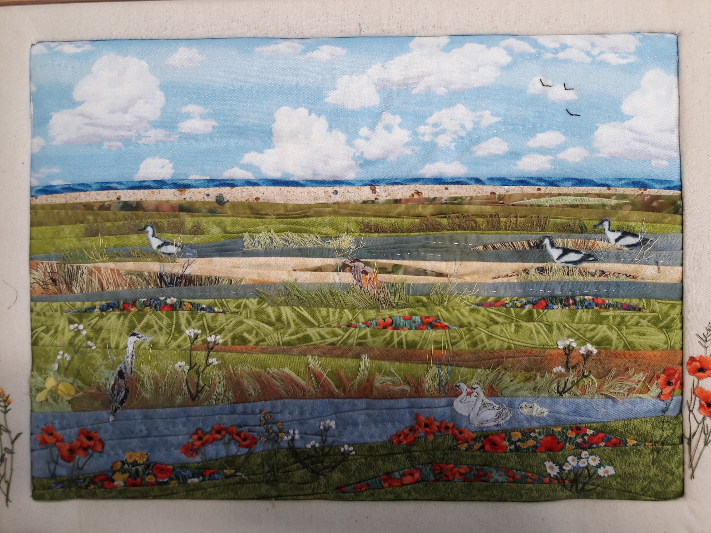 Sally Holman-Creating a Scene, Norfolk Wildlife Trust Cley Marshes | Start to make a small picture using patchwork, quilting & embroidery techniques | patchwork, workshop