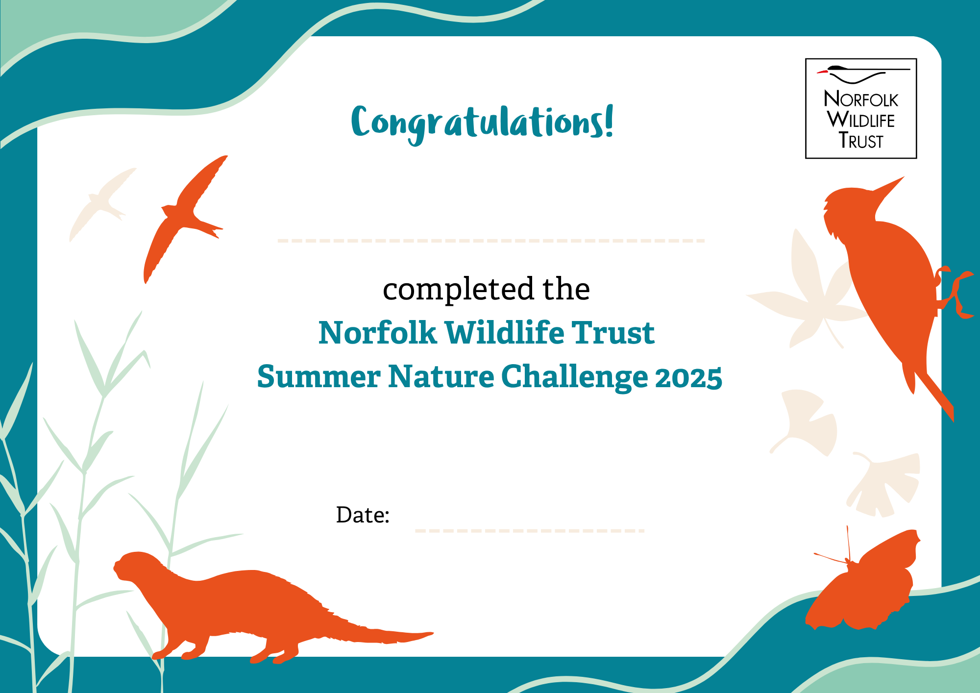 Norfolk Wildlife Trust Summer Nature Challenge 2025 Certificate