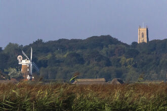 Cley marshes, with a windmill and church in the background, on a sunny day