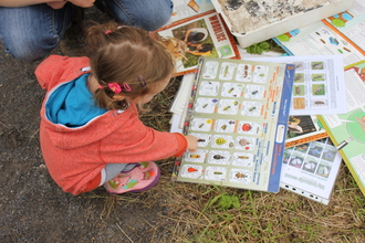 A young girl crouches on the ground while pointing at a minibeast chart