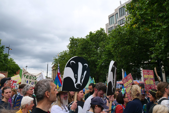 A crowd of people marching through London, some are carrying Wildlife Trust placards. 