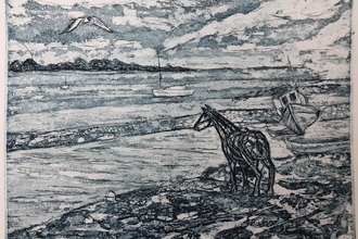 An etching of a horse standing on a beach with two boats in the sea