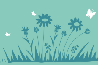 Silhouettes of meadow flowers, butterflies and bees
