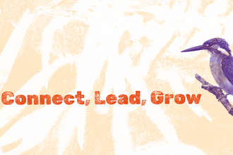 A graphic with a white and peach background, featuring a purple kingfisher image and the words 'connect, lead, grow' in red