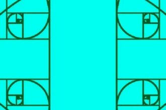 a symmetrical pattern of green curved lines and shapes on a turquoise background