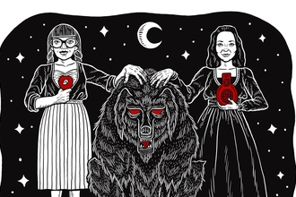 Folklore images of two ladies standing either side of a wolf
