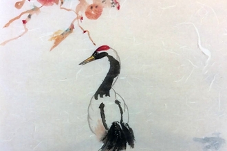 a colourful picture of a crane using the Chinese brush painting technique