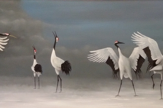 Painting of five cranes standing and in the air