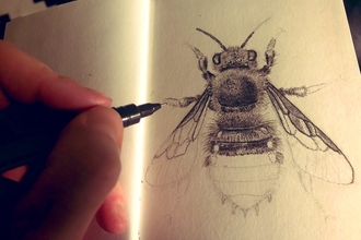 A person's hand holding a fine-nibbed pen to create an intricate black and white bee design created by tiny small dots