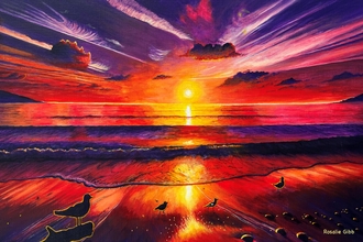 A vivid-coloured painting of a sunset over the sea with birds silhouetted on the beach