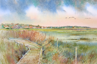 a watercolour featuring a boardwalk across the marshes at Cley, with a flock of birds in the distance