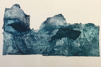 Abstract ink blue picture containing images of leaves and other natural forms