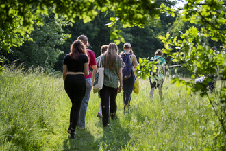 A group of young people walking through a reserve on a sunny day. 