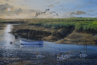 Picture of a boat moored in a creek with birds flying above and waterfowl in the foreground.