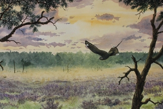 A painting of a bird swooping downwards onto scrubland between two trees