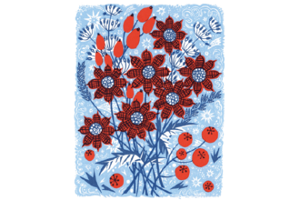 Artwork of red winter flowers on a blue background