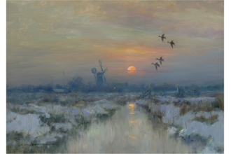 A painting of Thurne windmill at sunset