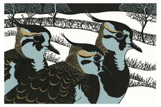 A linocut of three lapwings against a snowy landscape