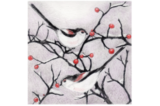 Two long-tailed tits eat berries from a bare winter tree