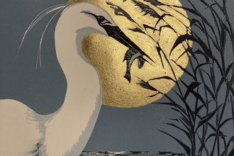 Picture of a white egret against a large moon and the sea