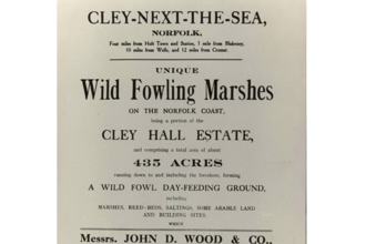 A copy of a poster advertising the sale of Wild Fowling Marshes at Cley
