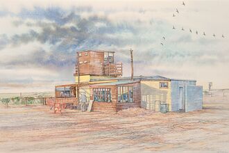 a watercolour of An older building on the coast with a skein of geese flying overhead
