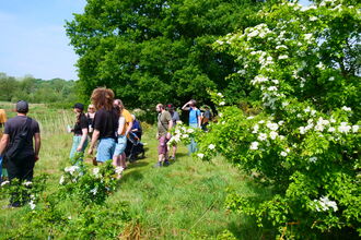A group of people on a guided walk at Sweet Briar Marshes