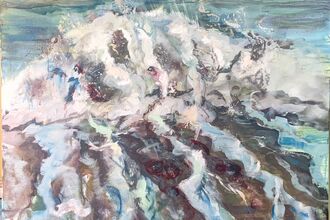 Lino-cut printing depicting swirling white, blue and green waves 