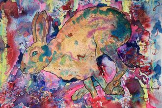 A splotchy, colourful, watercolour painting of a rabbit. 