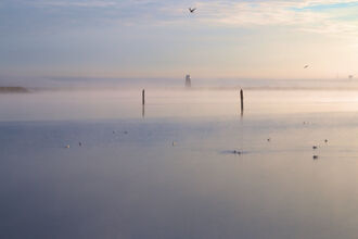 Mist across Breydon Water with a windpump in the distance