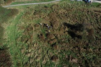 A drone image of staff working on the reserve at Sweet Briar Marshes. 
