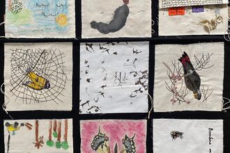 Squares containing embroidered scenes and objects relating to impacts of climate change.