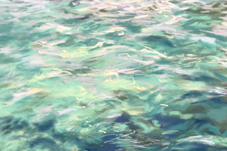 a painting of the sea in various soft pastel greens, blues and mauves