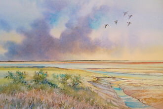 Watercolour of a Norfolk coastal scene showing flying geese and waterways going out to the sea.