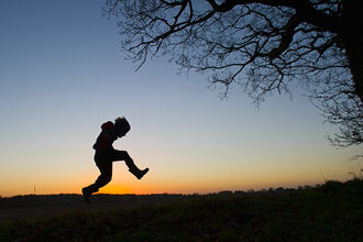 A silhouette of a young boy wearing an anorak and wellies jumping against a background of a sunset and a treefor joy