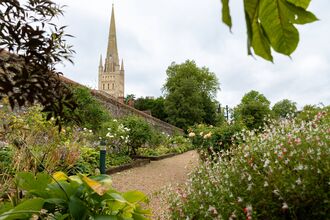 A shingle path leading through a garden with flowers and shrubs on either side and the spire of Norwich cathedral in the distance