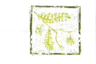 Artwork of green leaf and flower print on a white background