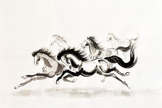  A black and white painting of a herd of galloping horses