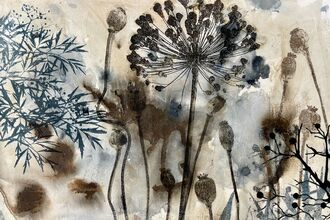 Artwork using seedheads, watercolours and printing on a pale background
