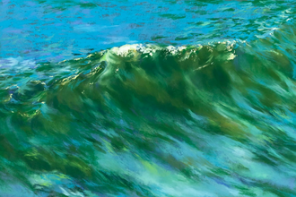 A pastel painting in blues and greens of a wave, tipped with white