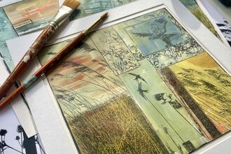 Pictures created by gel printing, with paintbrushes, paint and rollers