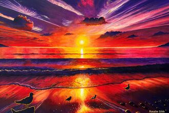 A vivid sunset painting, with a sky of purples, reds, ornages and yellows, with a reflextion across the sea and onto the beach where seabirds are silhouetted on the sand