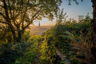 The view of Norwich skyline from Kett's Heights park. The sun is setting and their is lush green all around.