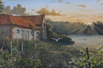 A watercolour of a farm with a barn owl flying close by at sunrise