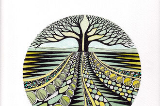 Artwork showing a circular picture showing a green, yellow, grey and black abstract path leading to a tree