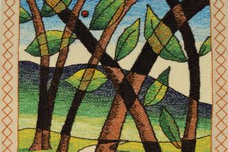 A woven tapestry depicting brown trees, green leaves and a winding stream