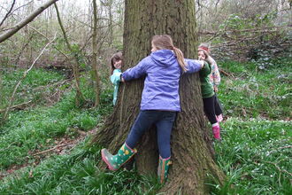 A group of children wearing anoraks and wellies holding hands around the trunk of a large tree