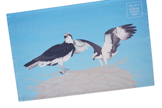 An illustrated tea towel with two osprey on a nest and an NWT logo.