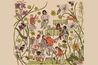 an illustration of people at a craft fair surrounded by nature