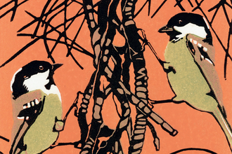 A print of two coal tits perched amidst a conifer branch against an orange background